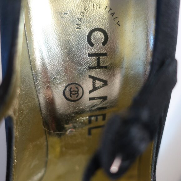 Womens Chanel Black Satin Mini Platform Mary Jane Heels 37.5 US/7 - Picture 6 of 15